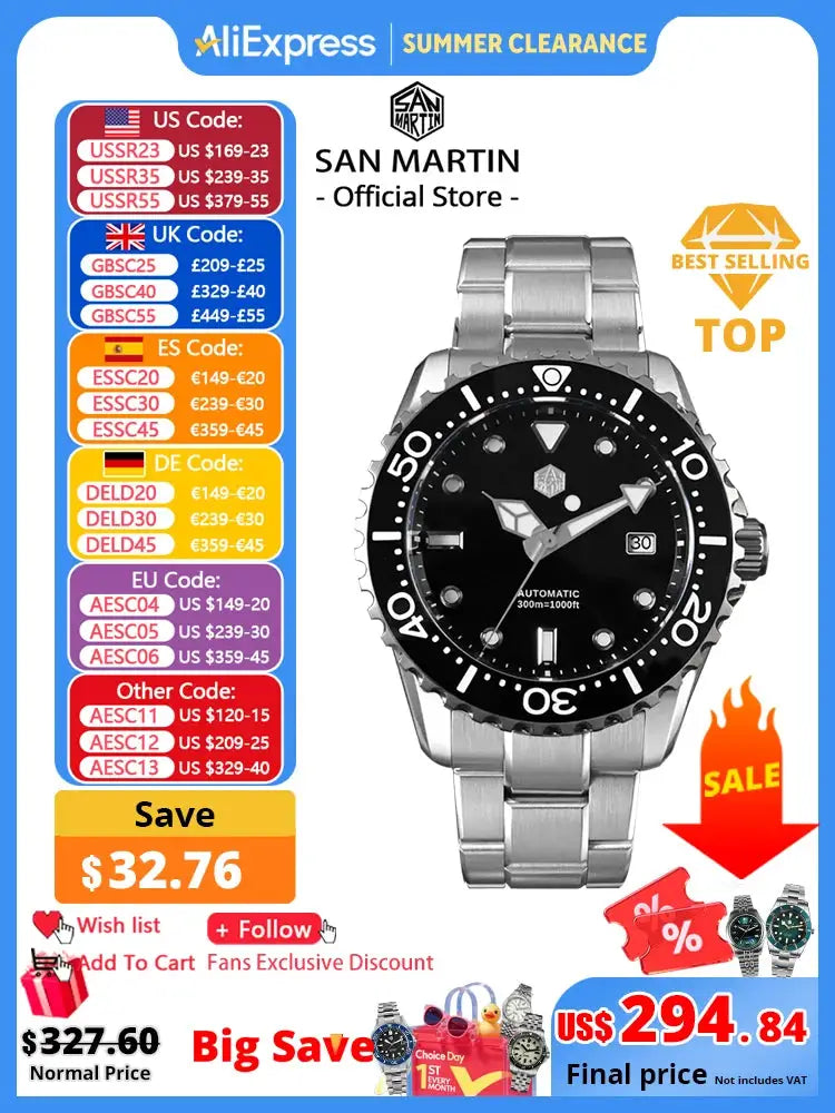 San Martin diver watch with stainless steel bracelet, black dial, unidirectional bezel, date window, automatic movement