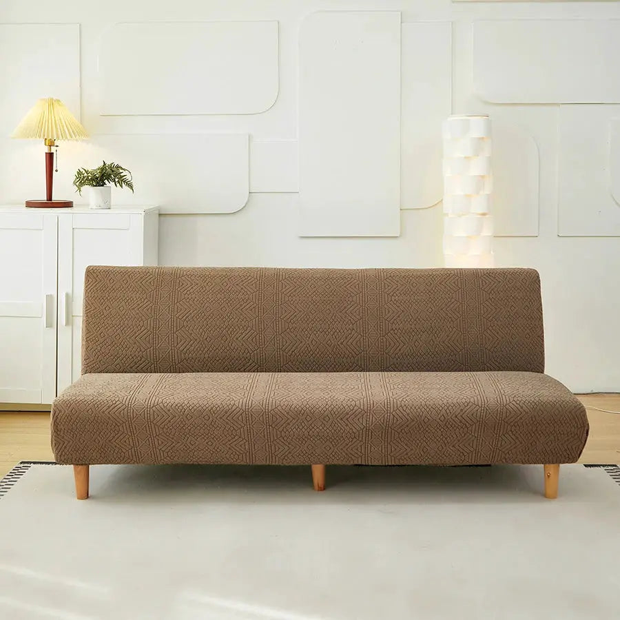 Sofa bed cover stretch jacquard in brown with geometric pattern, Simples Market