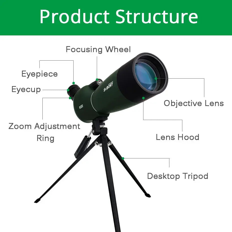 SVBONY SV28 spotting scope on desktop tripod; green body with black lens hood and objective lens