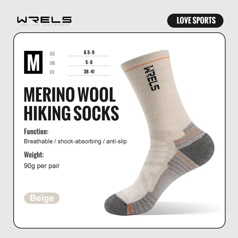 WRELS Merino Wool Hiking Socks for Running and Cycling Mid Calf Breathable Lightweight with Shock Absorption