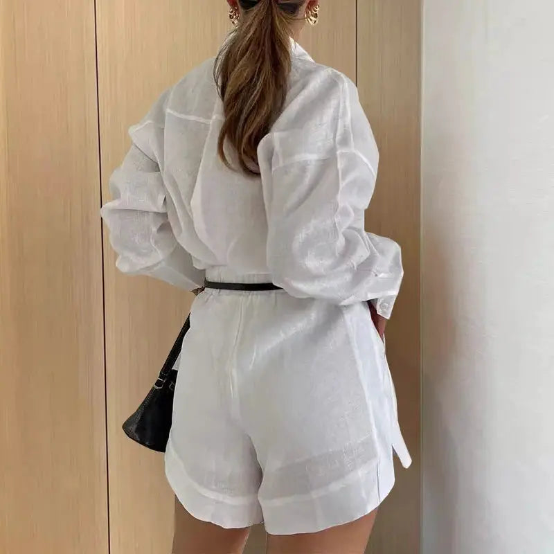 Women Long Sleeve Two Piece Set With Button Down Shirt And Shorts