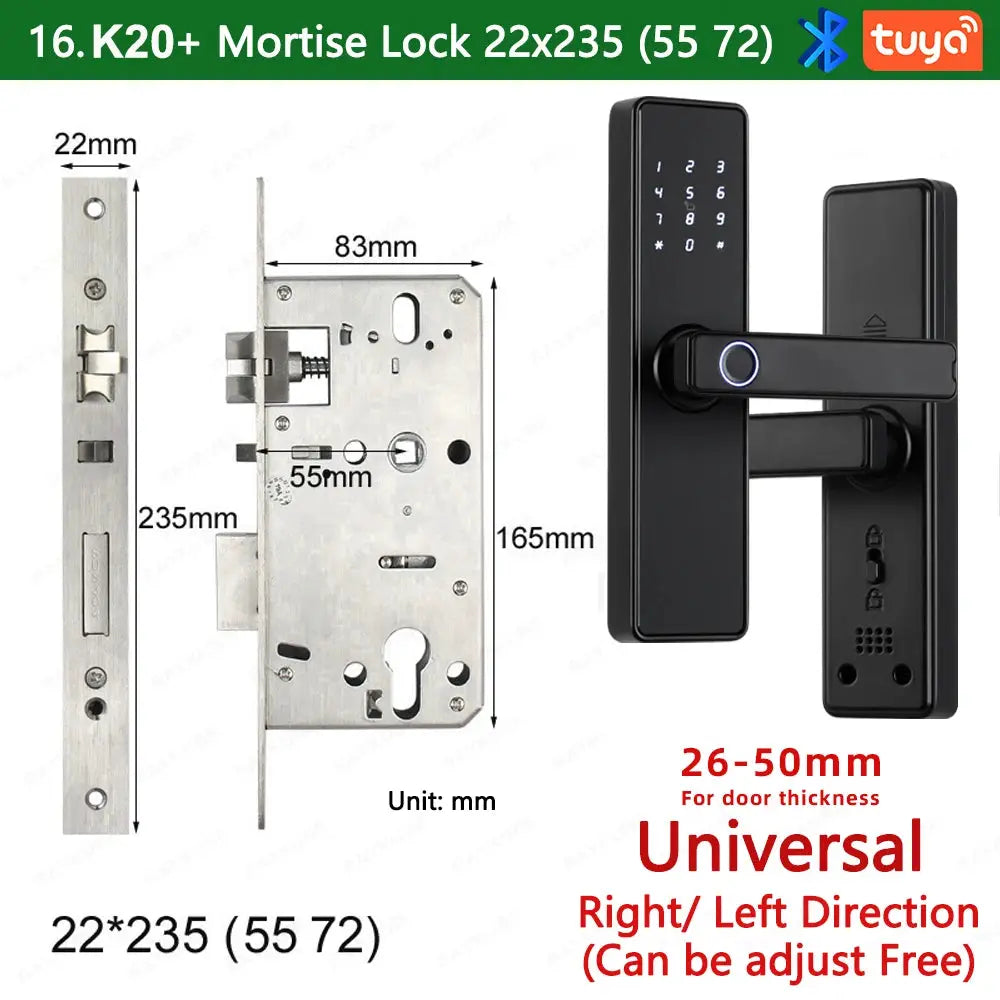 RAYKUBE K20 biometric door lock; black keypad with fingerprint, Tuya app compatible, silver mortise lock, 2 locks