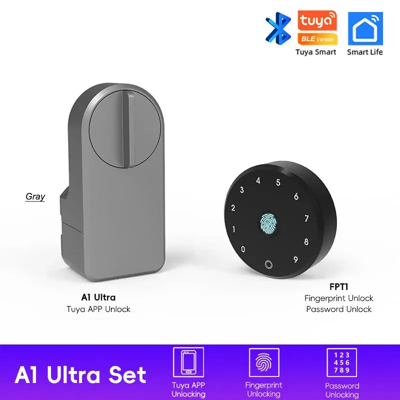 2-piece A1 Ultra lock set: gray A1 Ultra smart deadbolt and black FPT1 fingerprint keypad, Tuya BLE.