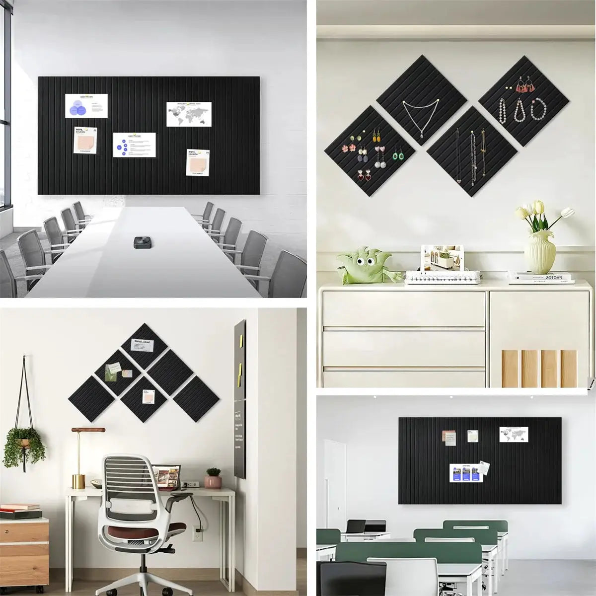 6-piece large black felt bulletin boards for office on slat-wall panels by Simples Market