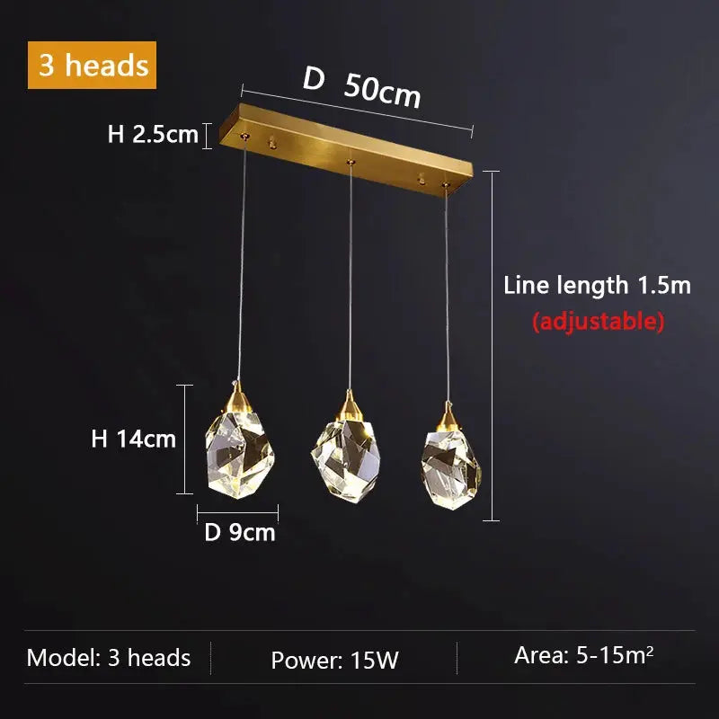 Simples Market three-head crystal pendant lamp with brass-tone canopy and adjustable 1.5m suspension