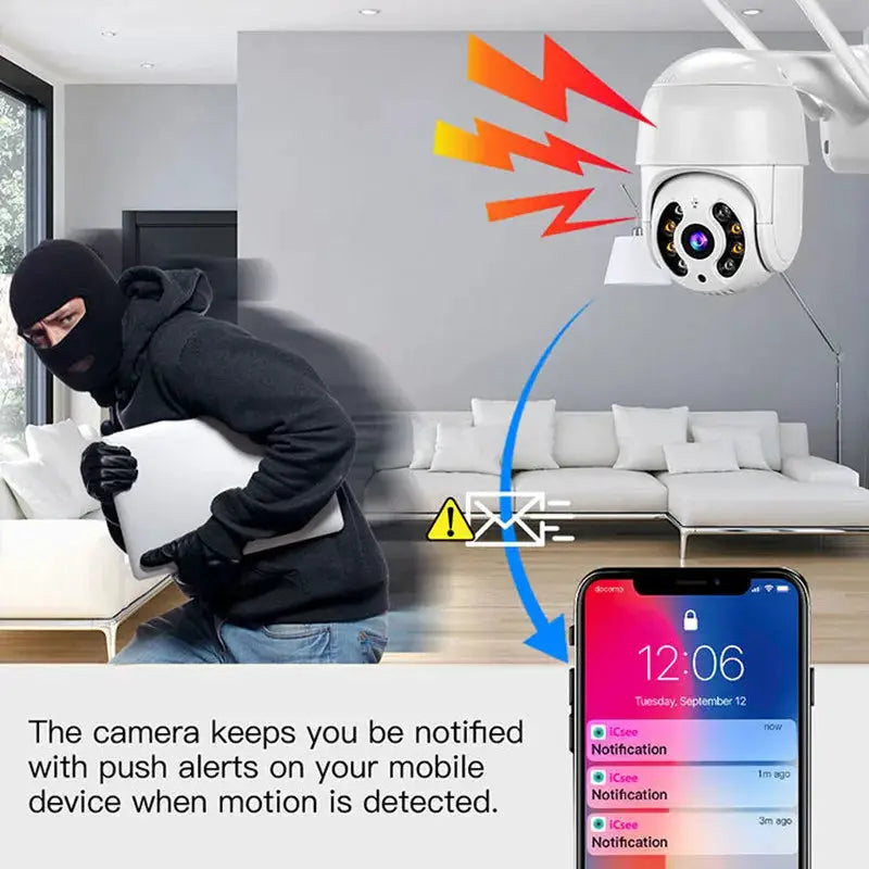 Simples Market 8MP 4K wireless PTZ security camera with color night vision and AI auto-tracking.