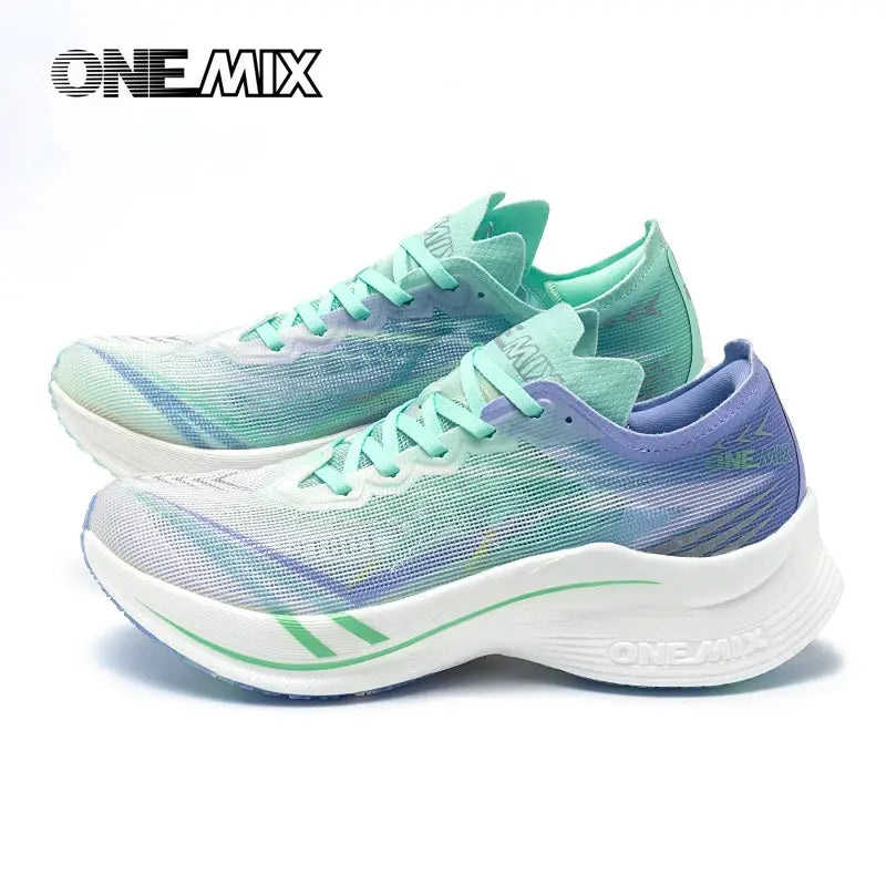 ONEMIX marathon carbon-plate running shoes, mint-teal and lavender gradient, 2 shoes