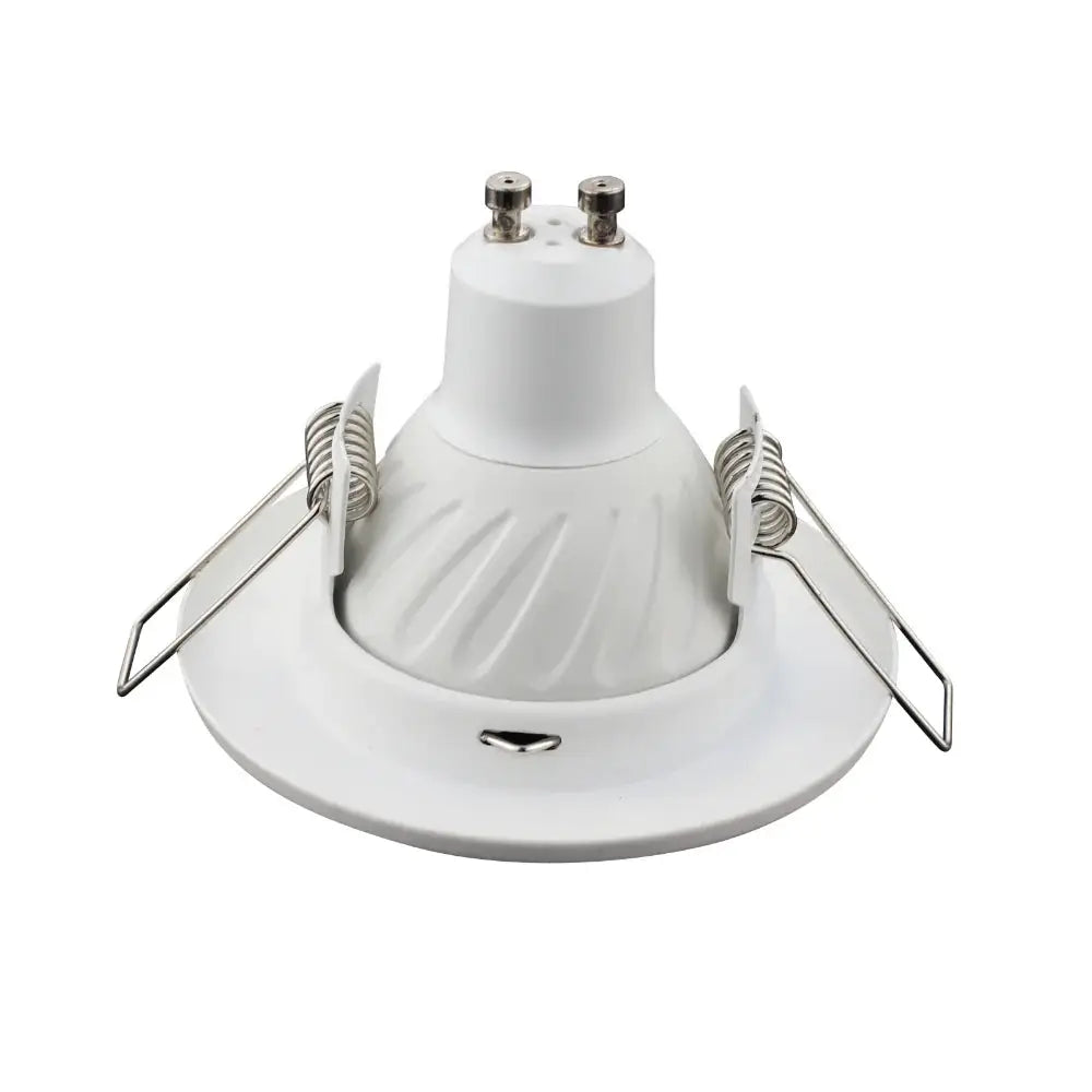 White recessed LED downlight frame with metal spring clips for ceiling mounting.