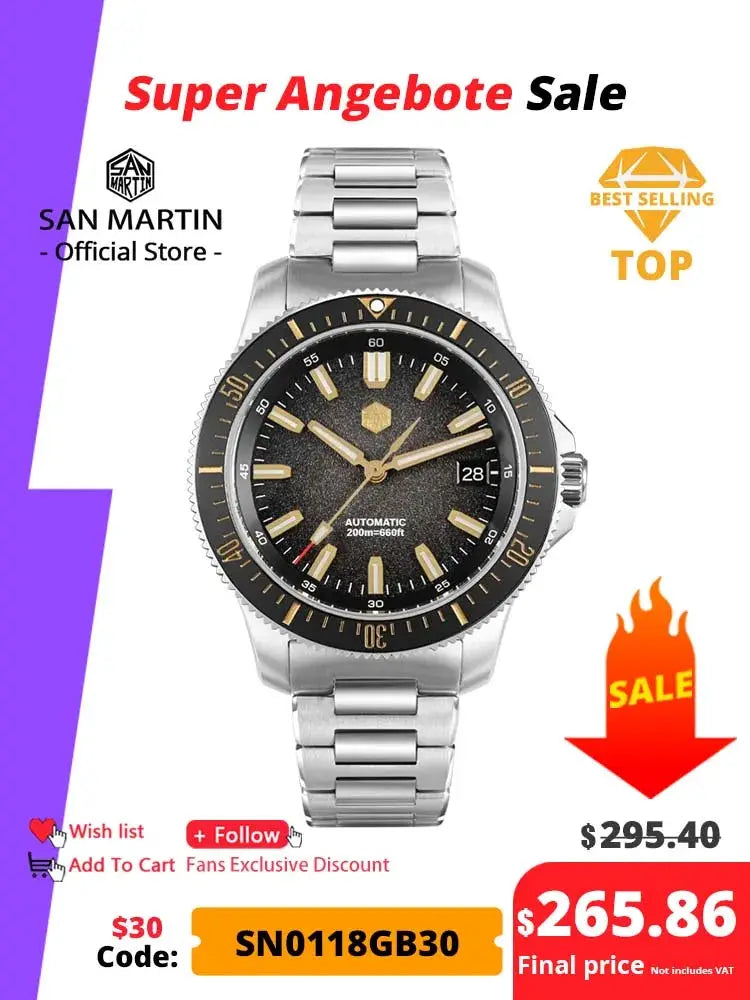 San Martin 40mm dive watch with stainless steel bracelet, black dial, gold-tone markers