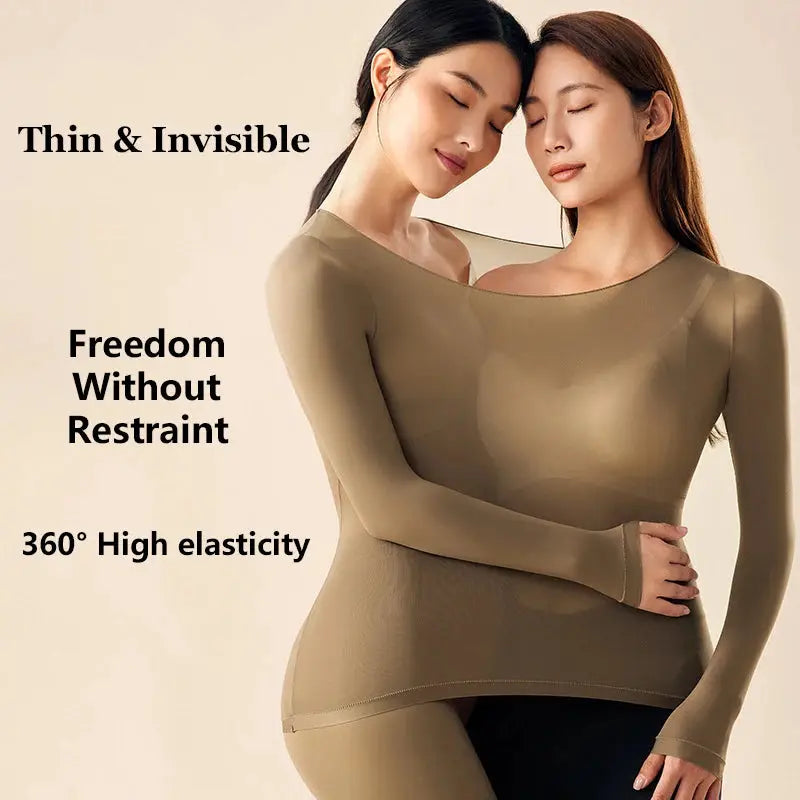 CozyWear Ultra Thin Seamless Warm Underwear Set For Women High Elasticity Slim Fit Long Sleeve Top For Sleepwear