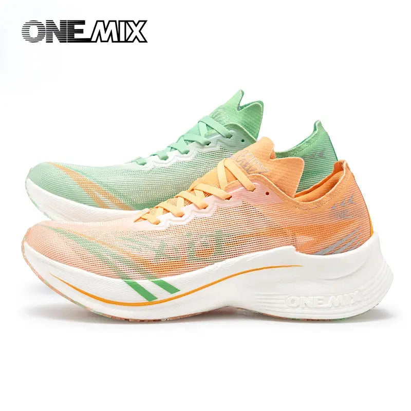 ONEMIX men's marathon carbon-plate running shoes, mint green and peach colorways with white chunky midsoles