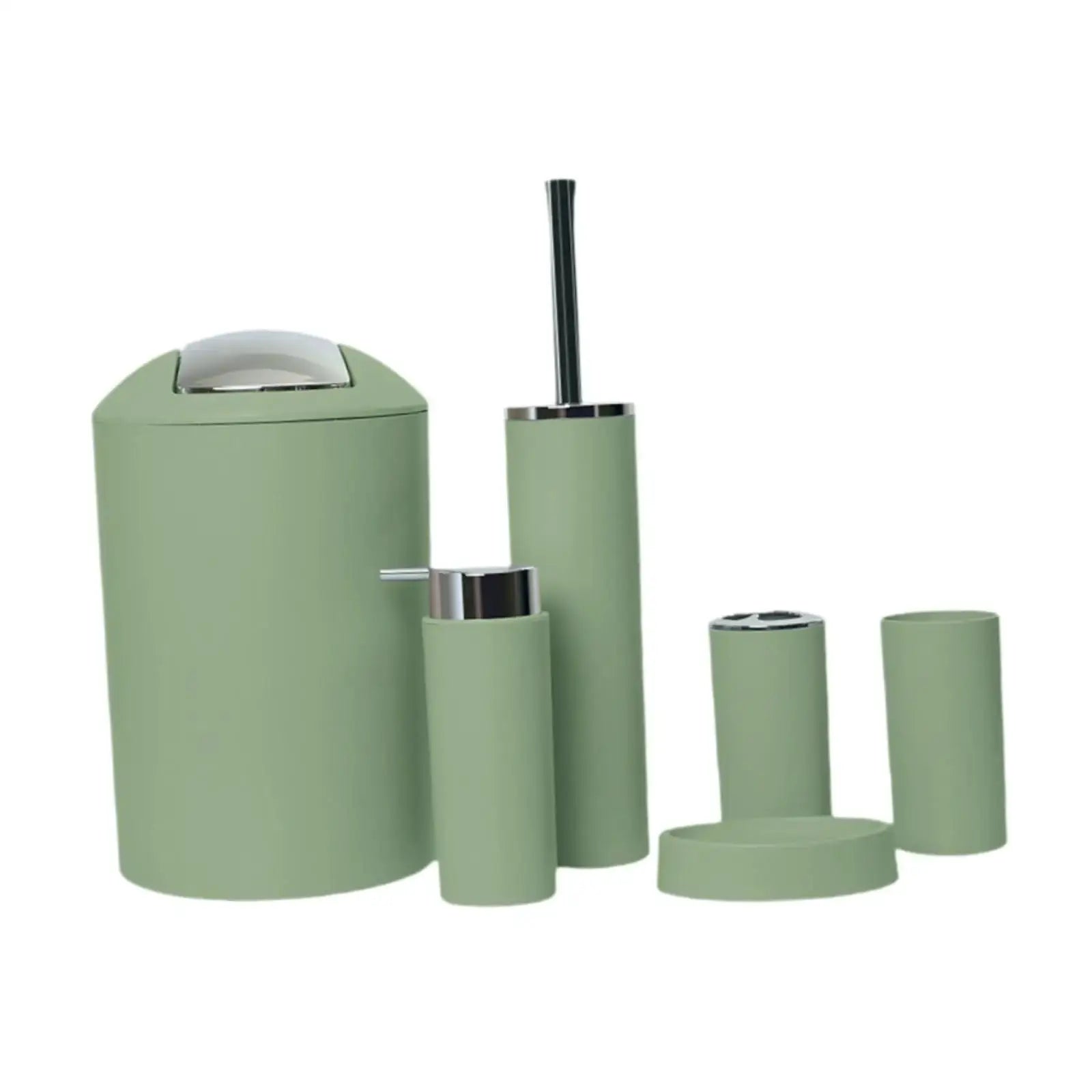 Six-piece green bathroom set with trash can, lotion dispenser, toothbrush holder, soap dish, and toilet brush with holder.
