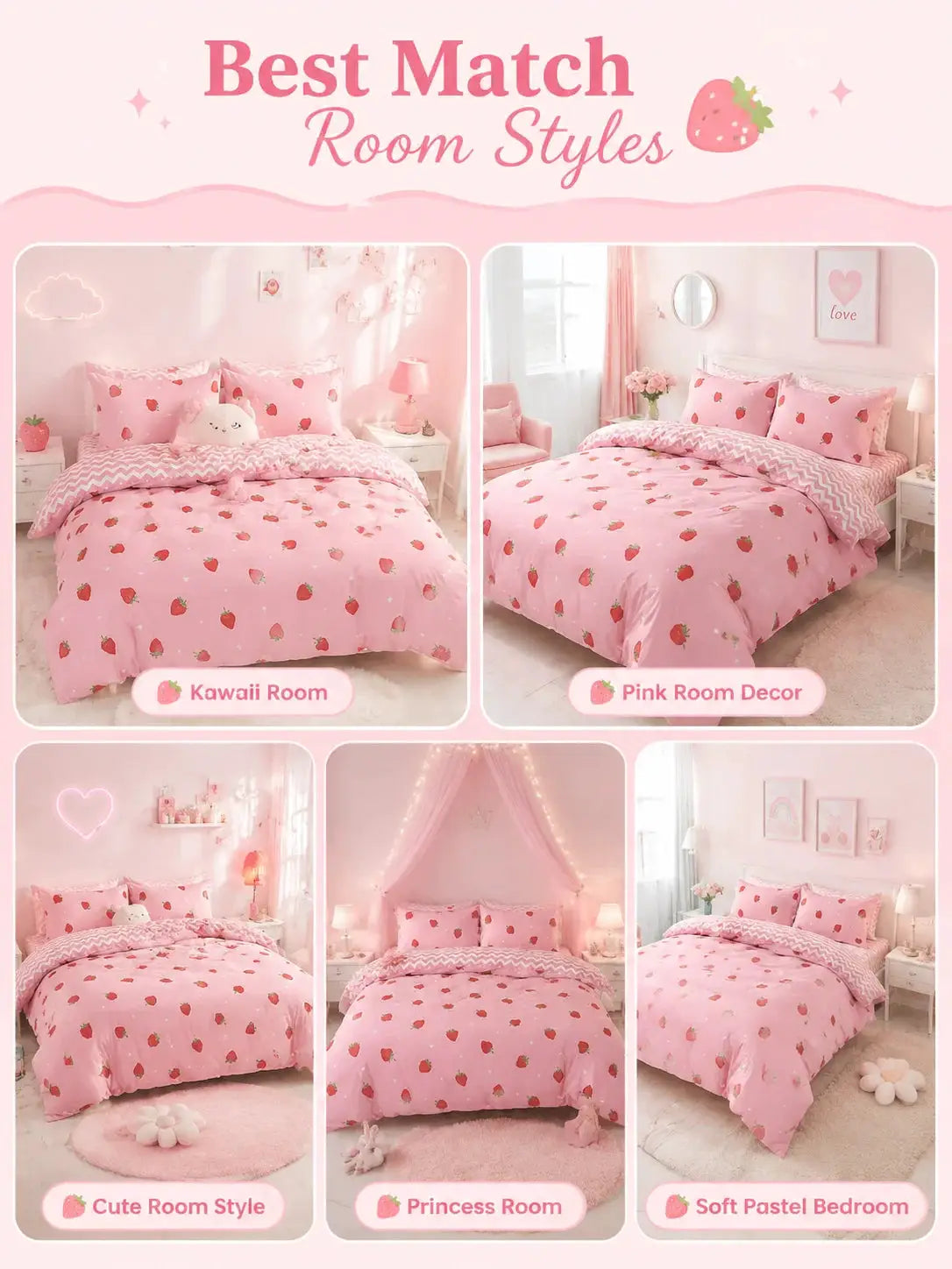 Pink strawberry-pattern duvet cover set with pillowcases by Simples Market; soft pastel bedding for girls