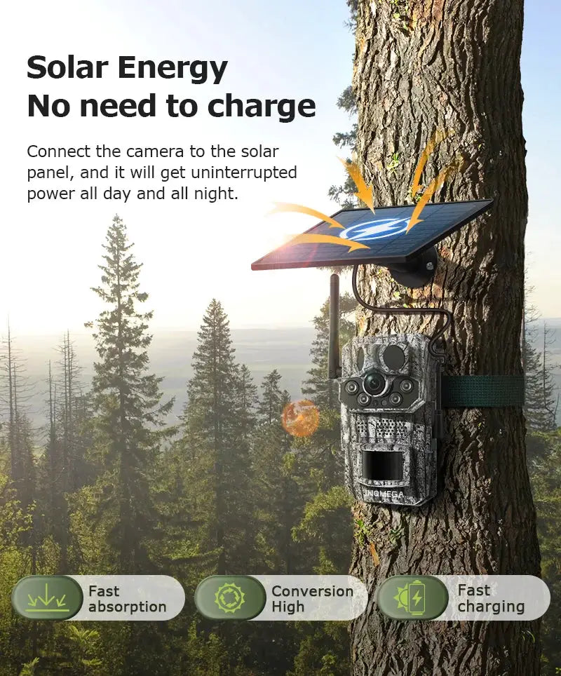 INQMEGA4G solar trail camera with camouflage finish mounted on a tree in a forest