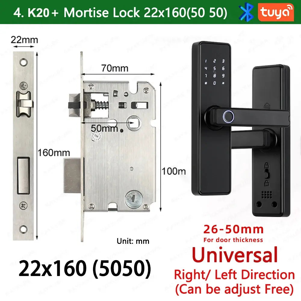 RAYKUBE K20 biometric smart door lock, black finish with keypad and fingerprint reader, Tuya app compatible