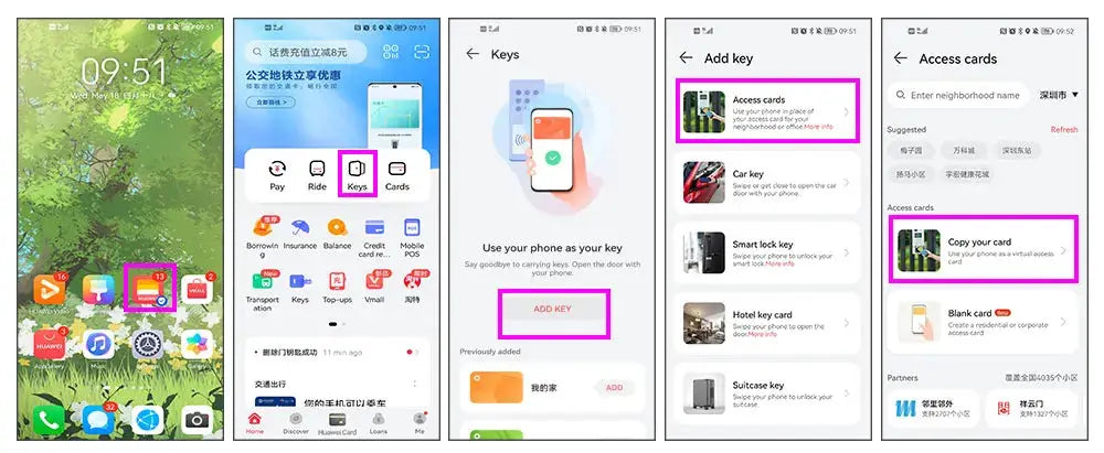 Outdoor Access Control System Kit shown on smartphone screens with Keys and Access cards setup steps