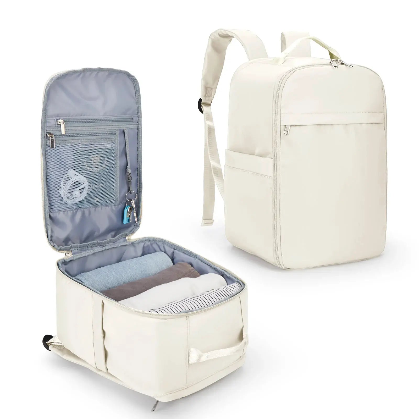 Ryanair cabin backpack by Simples Market, cream travel backpack with blue interior organizer (2 bags)
