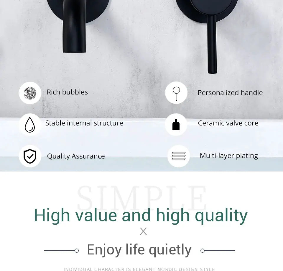 Basin faucet set, pair of wall-mounted matte black brass taps with single lever hot/cold water by Simples Market