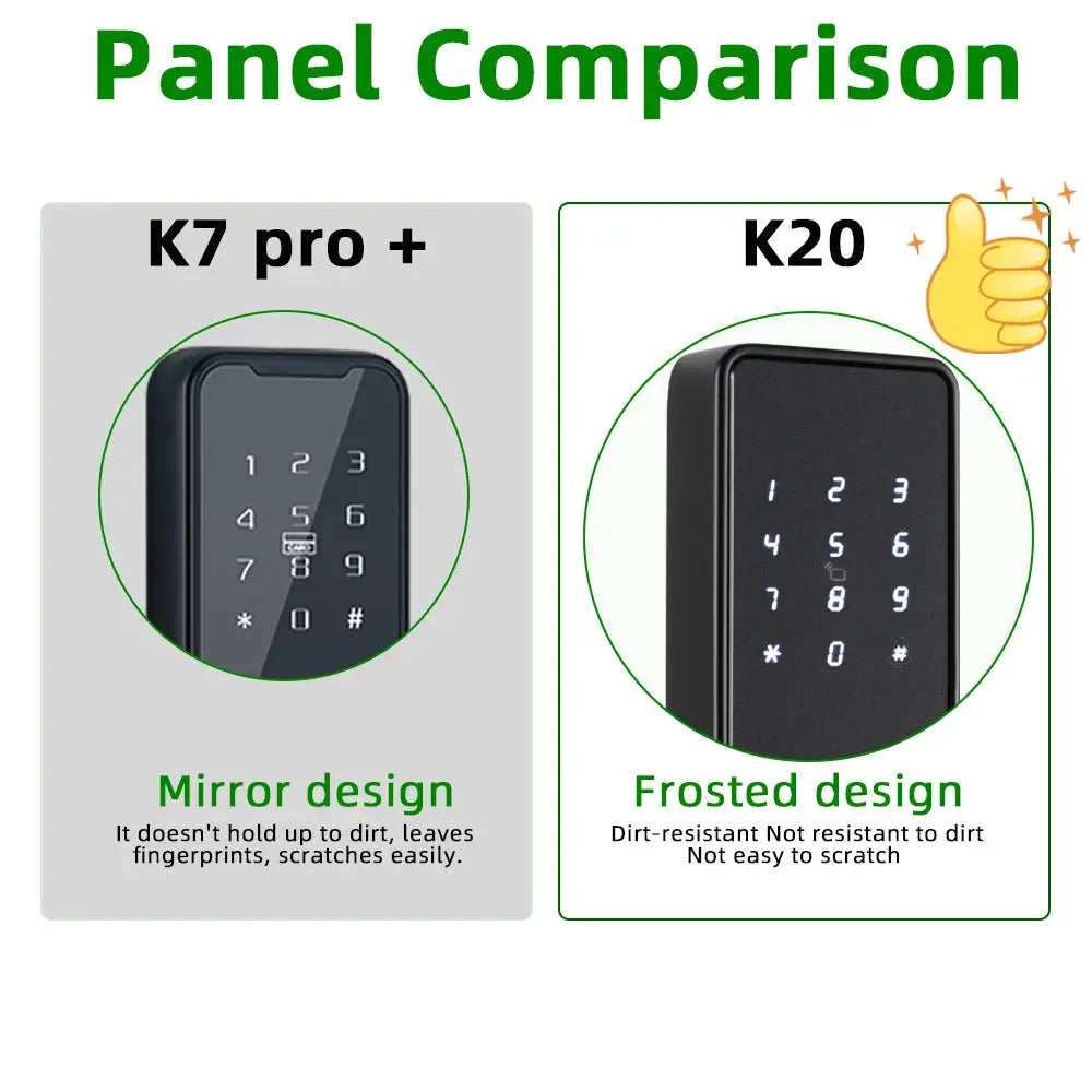 K20 smart door lock panel with frosted design and illuminated numeric keypad