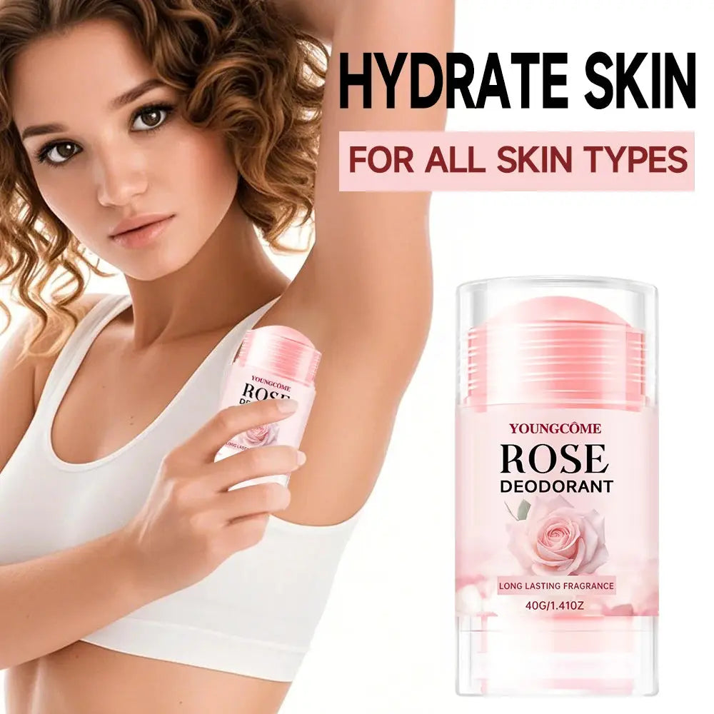 Youngcome Rose Deodorant stick, pink packaging with rose image, long-lasting fragrance 40g