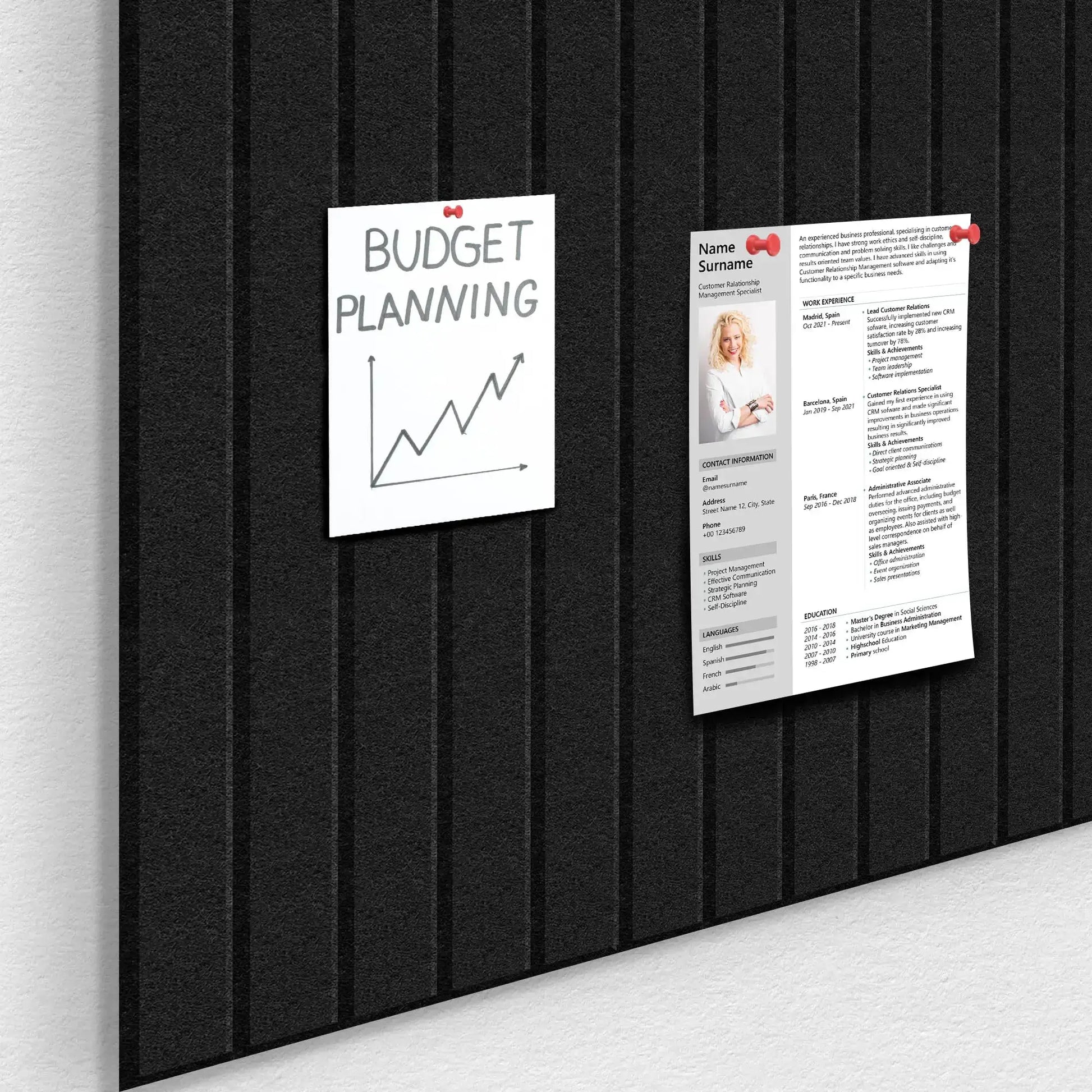6-pack large cork board set for office with black felt bulletin boards on slat-wall panels
