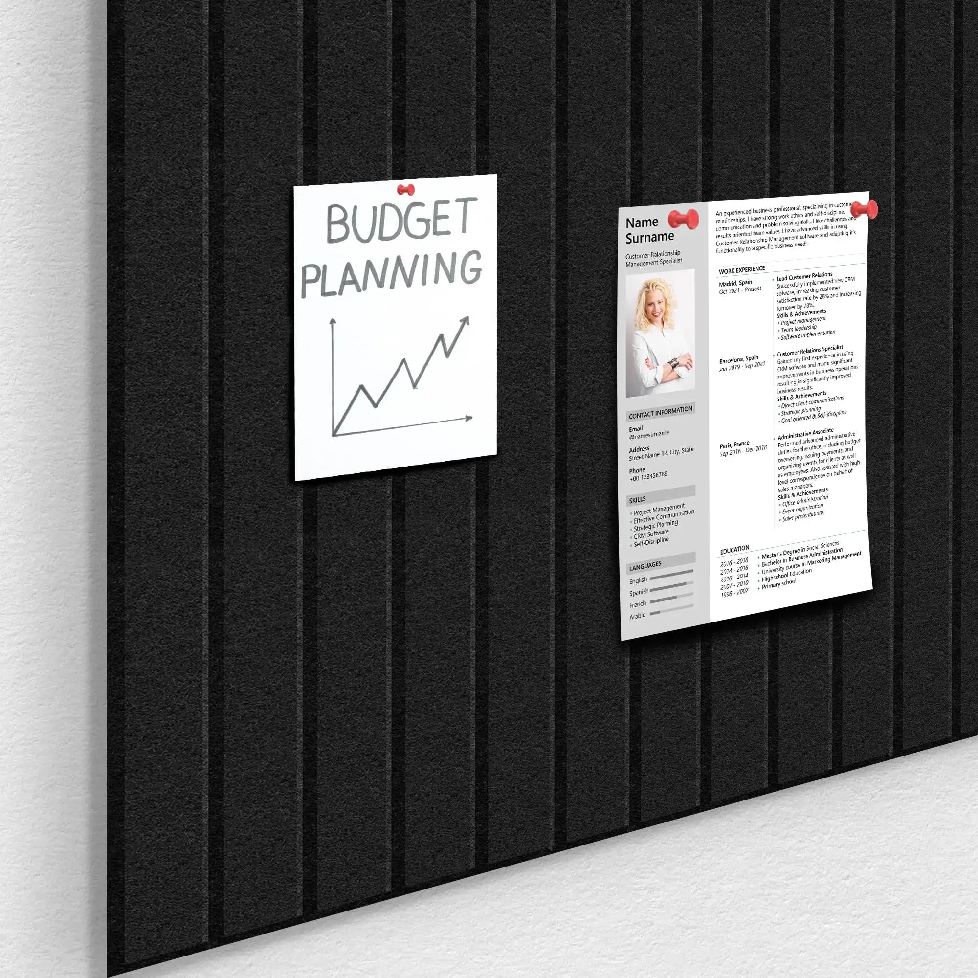 6-pack large cork board set for office with black felt bulletin boards on slat-wall panels