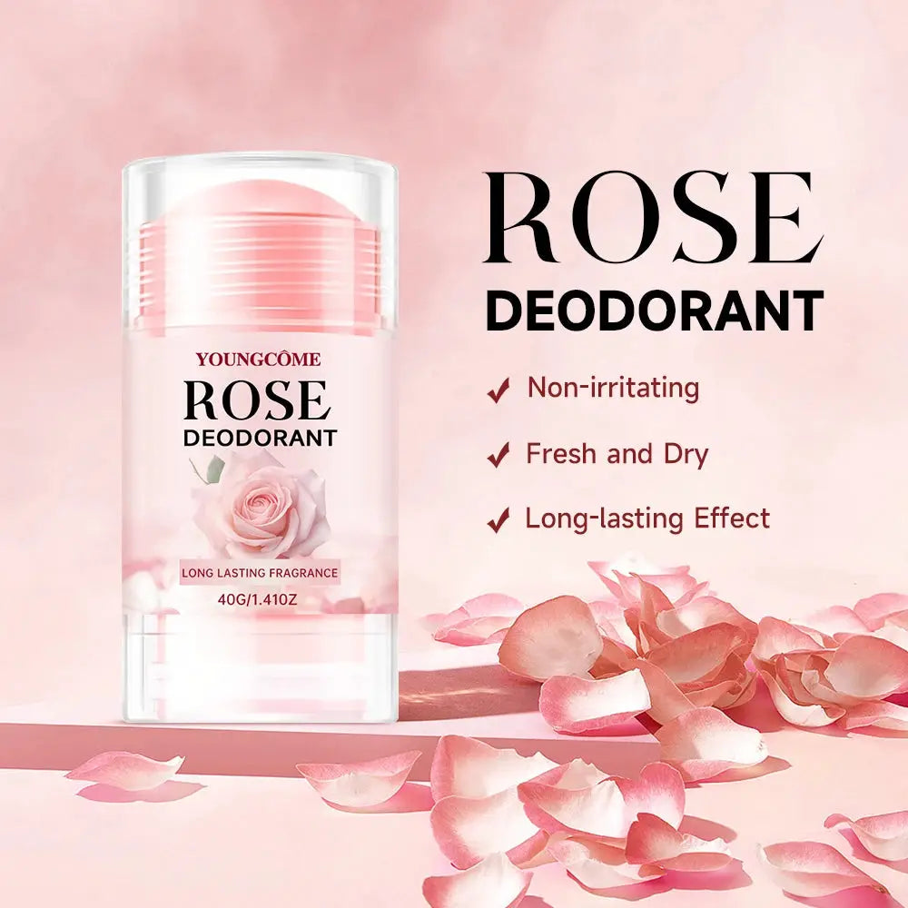 YoungCome Rose Deodorant stick in pink packaging with a rose illustration; long-lasting fragrance.