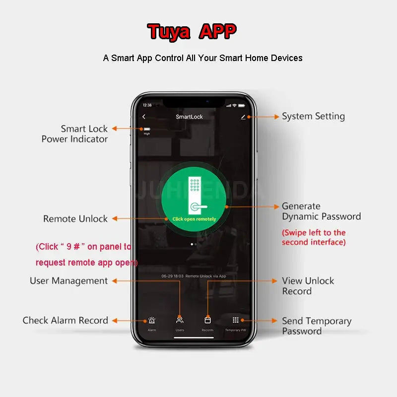 Fingerprint gate door lock app interface on smartphone showing remote unlock and dynamic password features