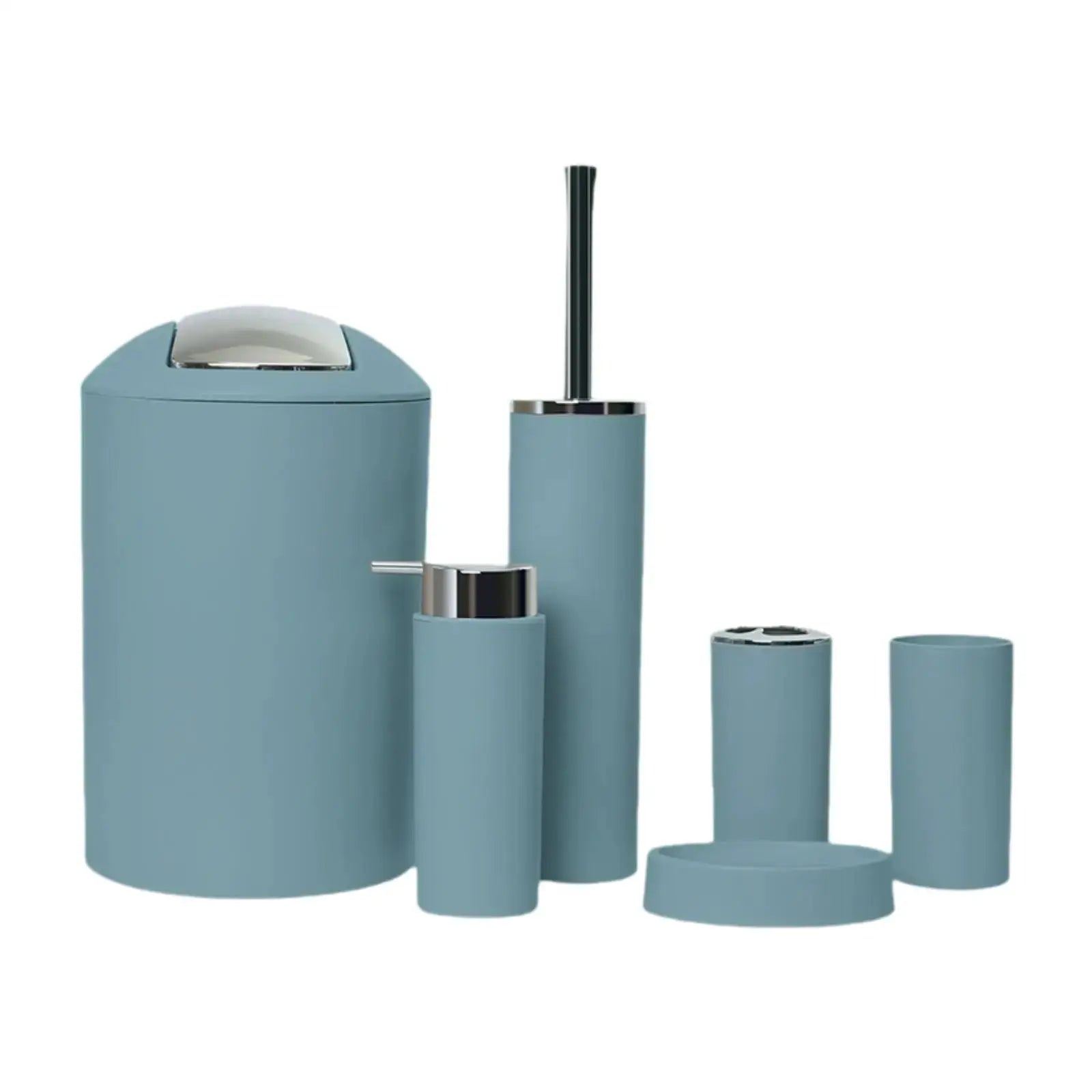6-piece blue bathroom accessories set with chrome accents including trash can, lotion dispenser, toothbrush holder