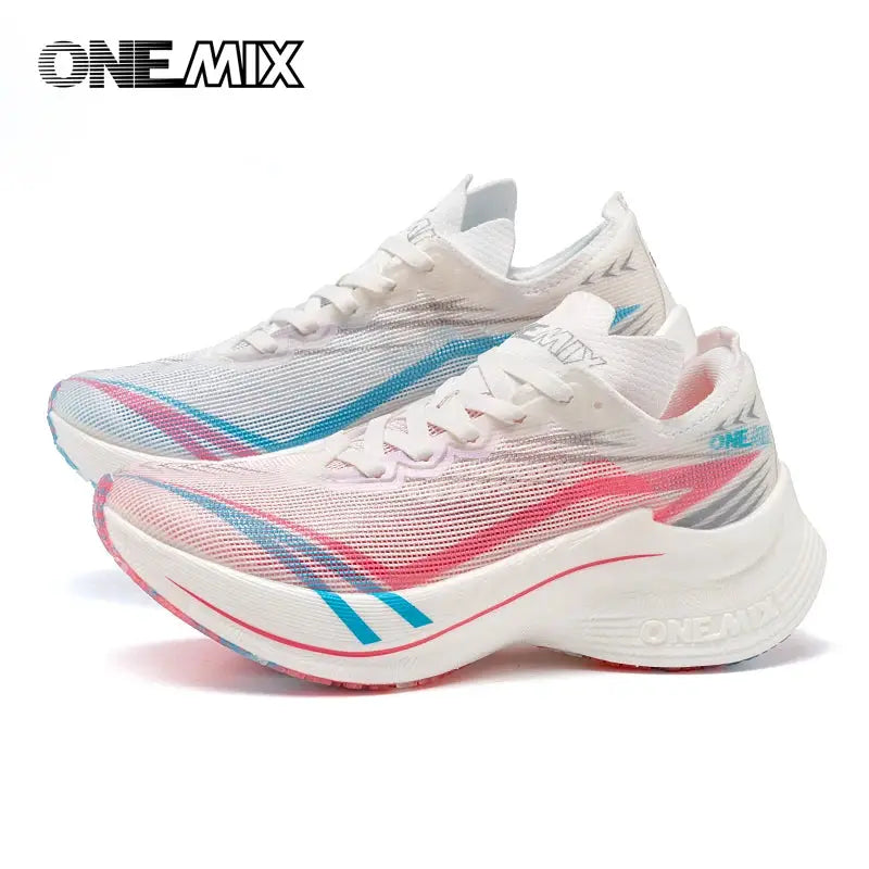 ONEMIX marathon running shoes pair, white with pink and blue accents, mesh upper