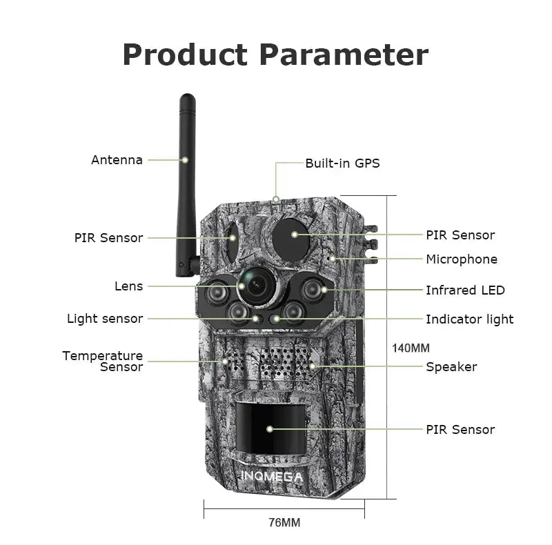 INQMEGA trail camera camouflage, solar-powered, 2K/5MP, PIR motion, night vision, IP66 waterproof for forest use.