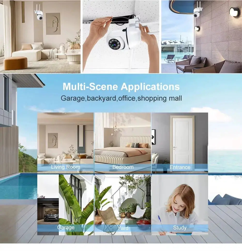 WiFi 1080P HD indoor/outdoor 360° wireless security camera by Simples Market, collage across rooms