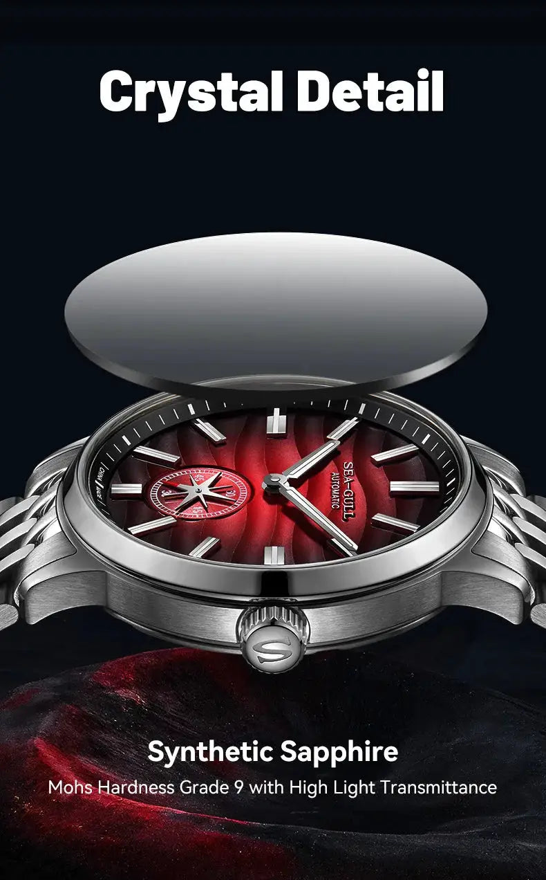 Seagull Natural Series men's automatic watch, 39.5mm, red dial, stainless steel bracelet, sapphire crystal