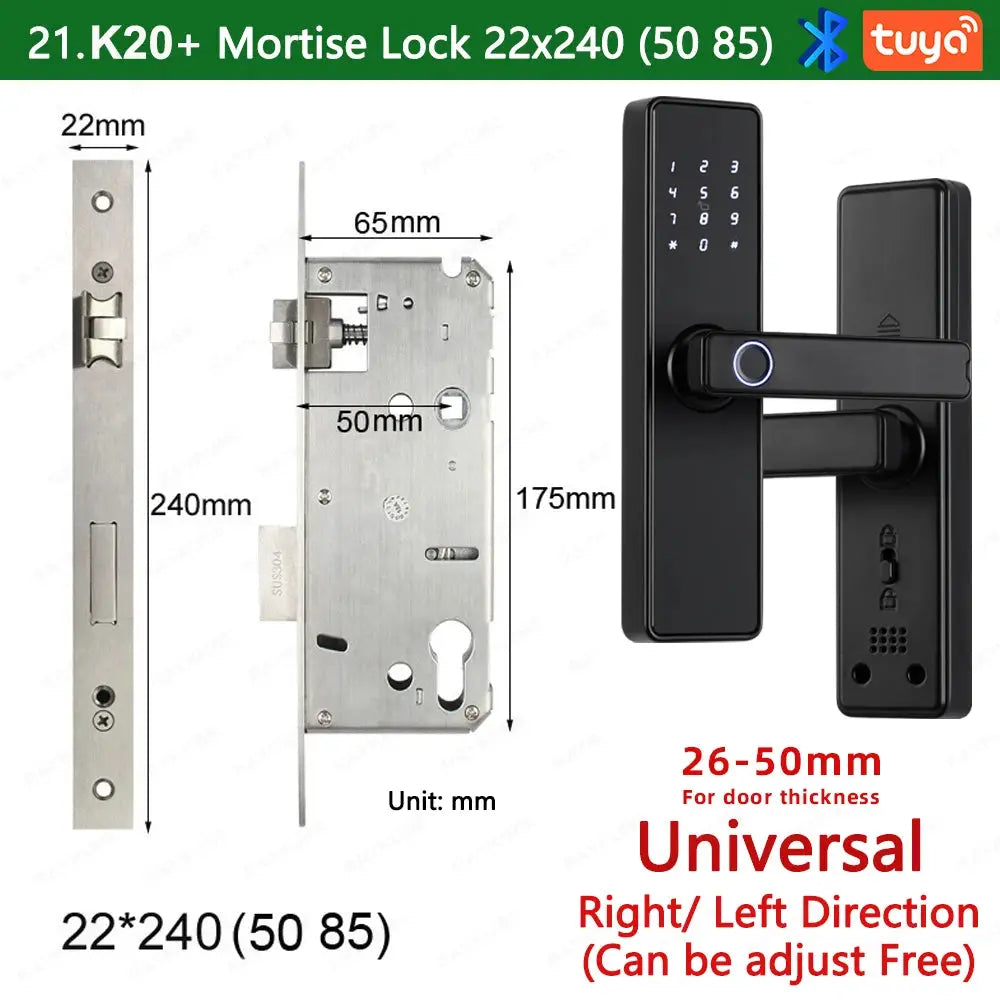 RAYKUBE K20 biometric smart door lock by Simples Market, black finish with keypad; Tuya app compatible