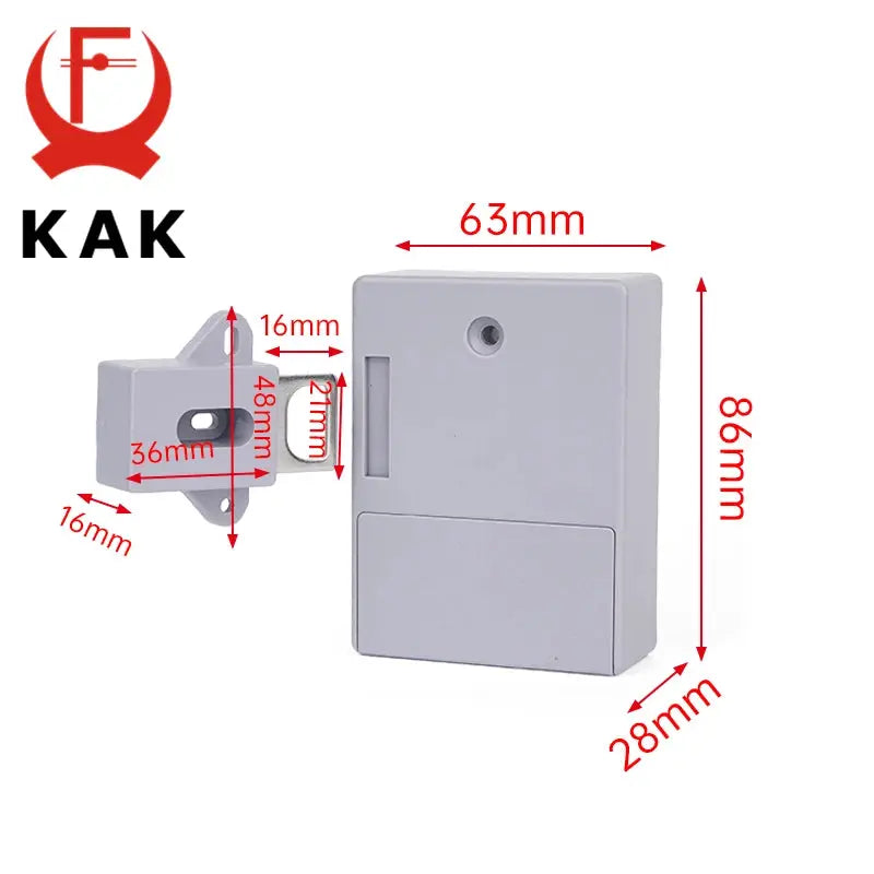 KAK electronic RFID cabinet lock in gray with mounting plate; dimensions 63mm x 86mm x 28mm for lockers/cabinets