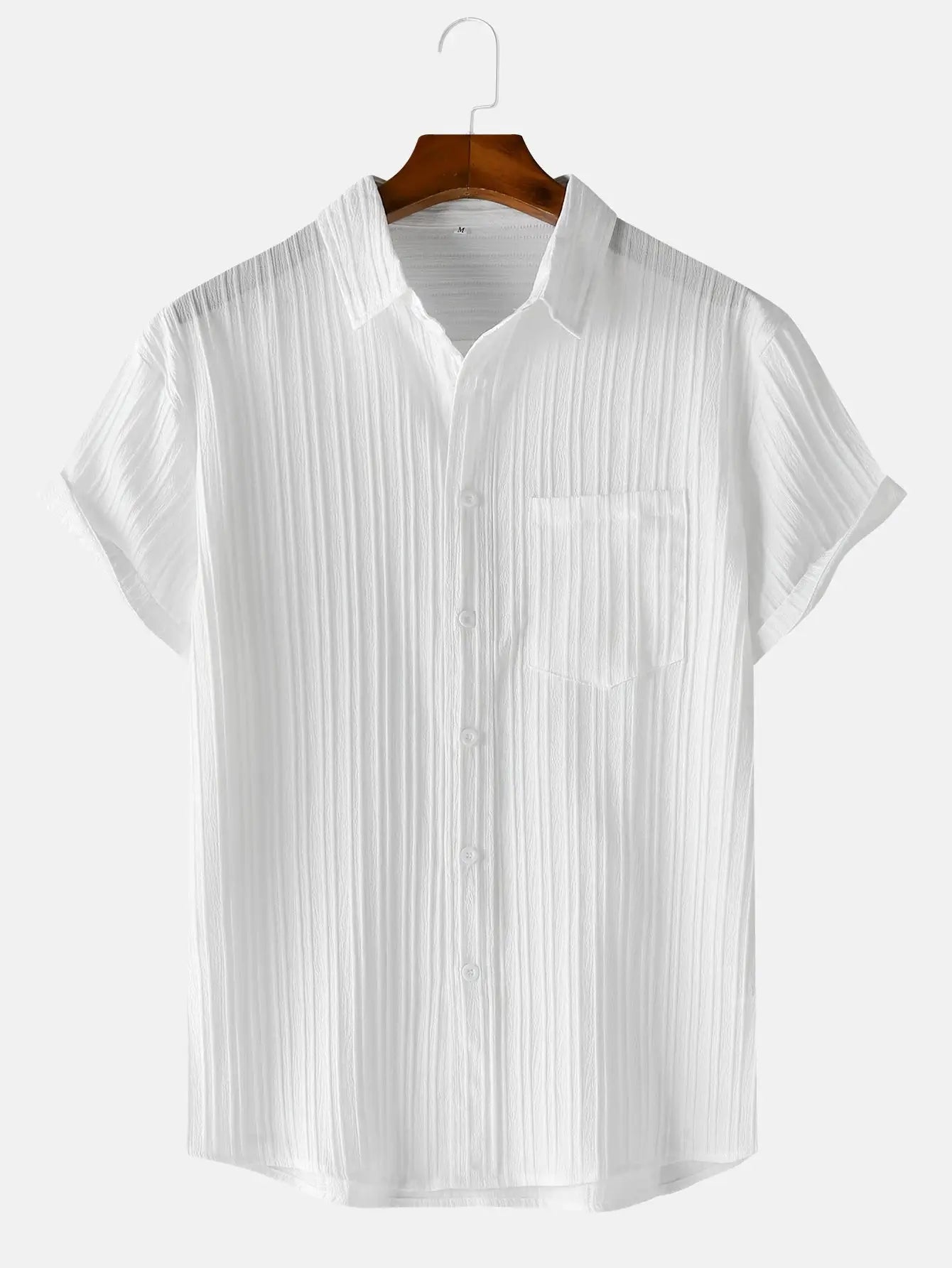 Men's short-sleeve white striped shirt on a wooden hanger, casual beachwear