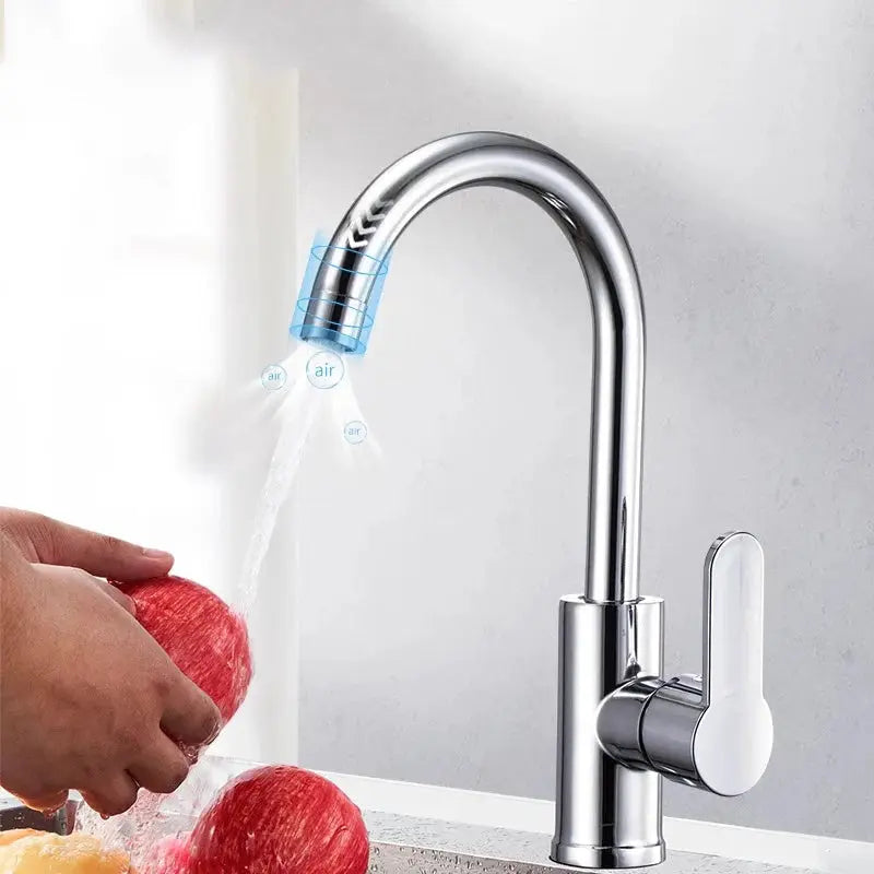 Kitchen faucet with chrome finish, high-arc spout and single lever hot and cold control.