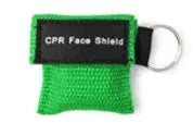 CPR face shield keychain by Simples Market in bright green mesh pouch with metal ring