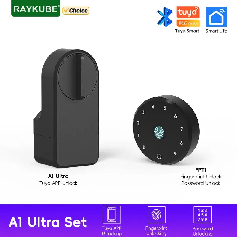 RAYKUBE A1 Ultra smart door lock set with fingerprint keypad; two-piece black finish, Tuya BLE