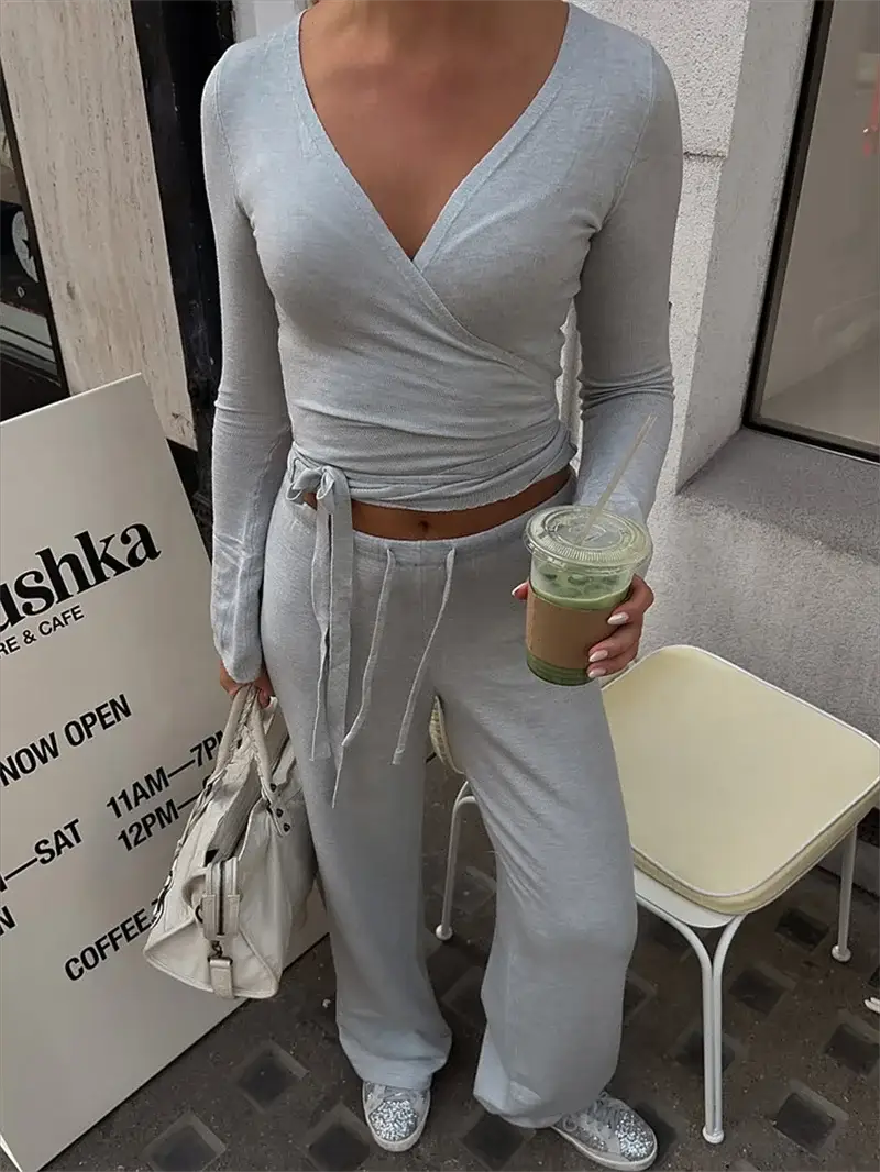 Absobe 2 Piece Leisure Suit Women Flare Sleeve Crop Cardigan Pants