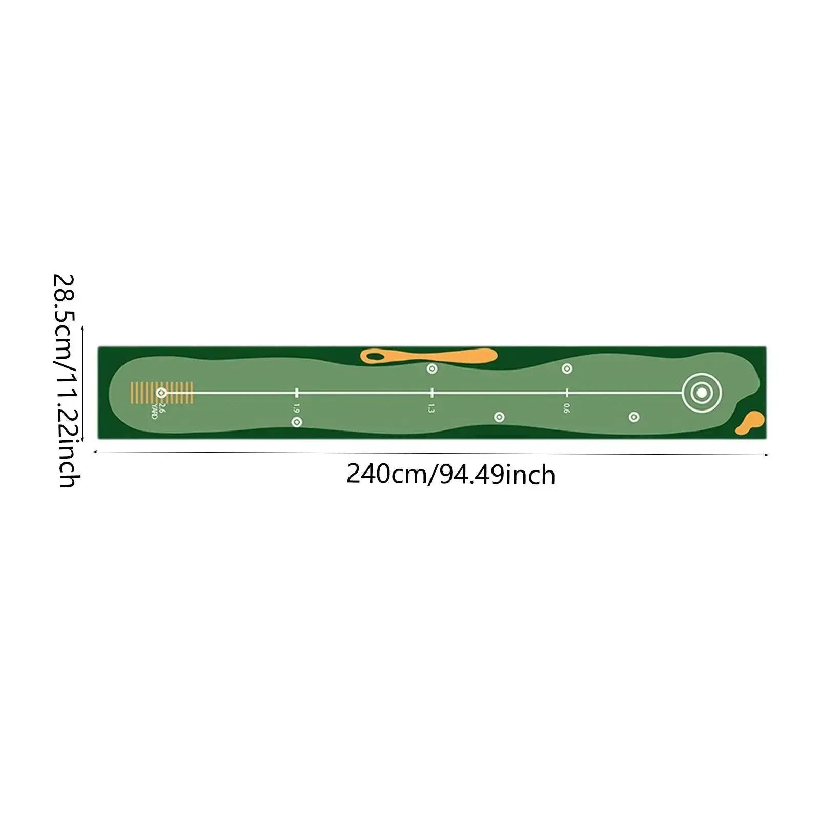 Golf putting mat training aid with long green surface, measurement marks and end hole