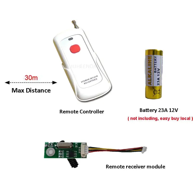 Fingerprint gate lock remote kit with white controller, yellow 23A battery, and green receiver module