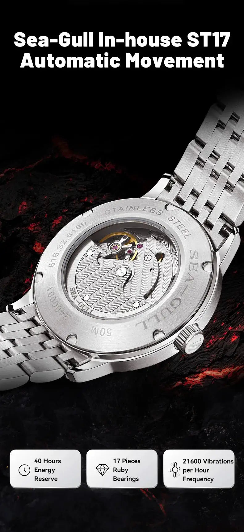 Sea-Gull stainless steel men's watch with transparent caseback and bracelet, ST17 automatic movement