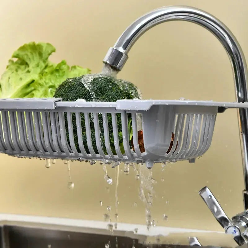 Simples Market gray plastic kitchen drain basket rack, adjustable under faucet for sponges and vegetables