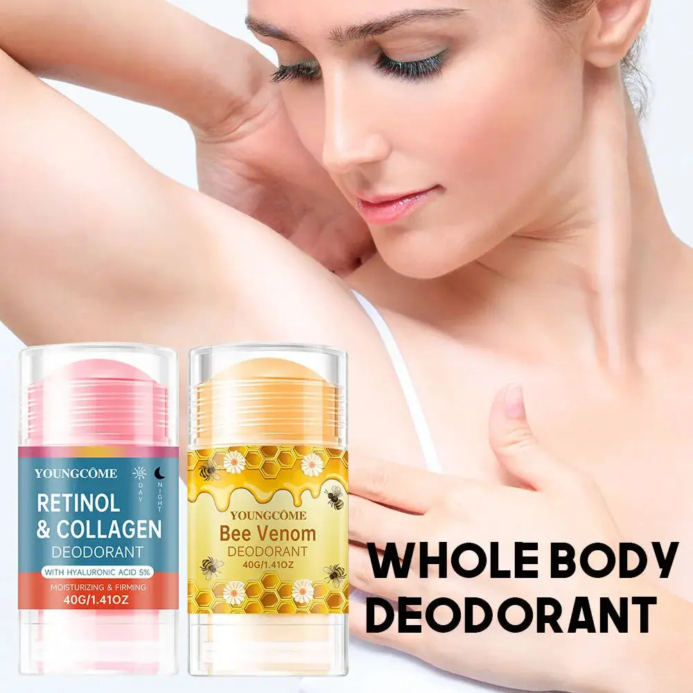 Two Youngcome deodorants, Retinol & Collagen and Bee Venom, shown with a model and Whole Body Deodorant.