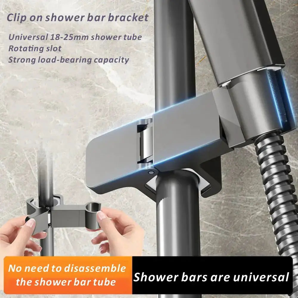 Simples Market adjustable chrome shower rail holder; clip-on universal 18–25mm shower tube bracket with rotating slot