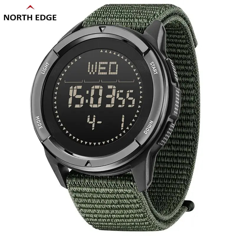 North Edge Alps digital watch with green nylon strap and black bezel, digital display