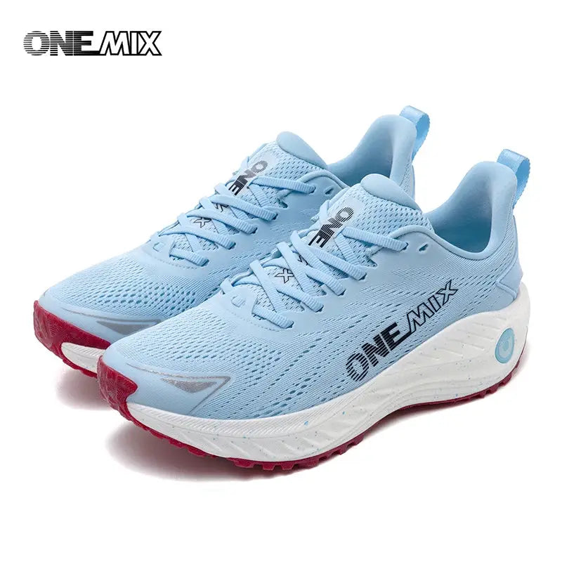 O-Resilio running shoes, ONE MIX, light blue mesh with white midsole and red outsole, pair