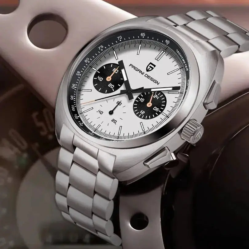PAGANI DESIGN men's panda dial chronograph watch with silver stainless steel bracelet and sapphire glass