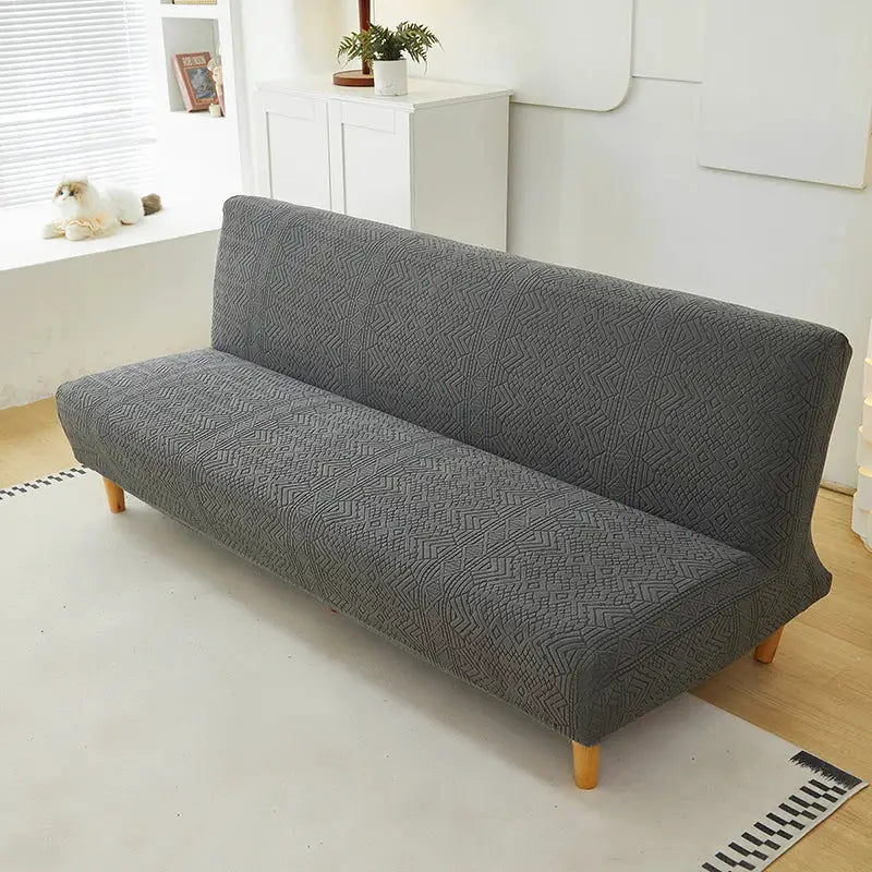 Stretch jacquard sofa bed cover in gray geometric pattern; easy-fit futon cover for living room by Simples Market